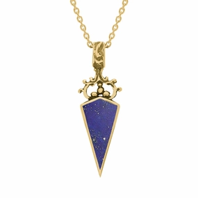 18ct Yellow Gold Whitby Jet Lapis Lazuli Double Sided Scroll Dagger Fob Necklace