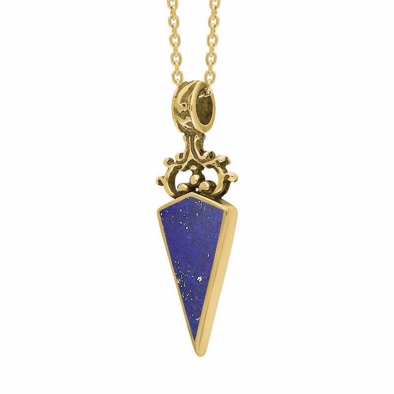 18ct Yellow Gold Whitby Jet Lapis Lazuli Double Sided Scroll Dagger Fob Necklace