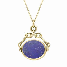 18ct Yellow Gold Whitby Jet Lapis Lazuli Double Sided Swivel Fob Necklace