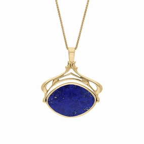 18ct Yellow Gold Whitby Jet Lapis Lazuli Marquise Swivel Fob Necklace