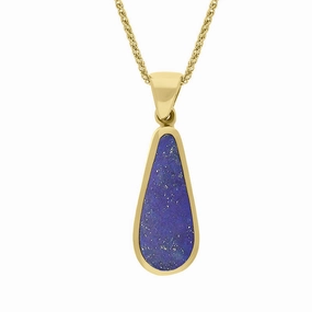 18ct Yellow Gold Whitby Jet Lapis Lazuli Small Double Sided Pear Cut Fob Necklace