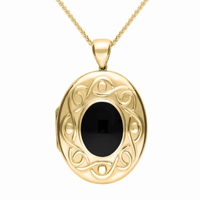 18ct Yellow Gold Whitby Jet Large Celtic Oval Locket
