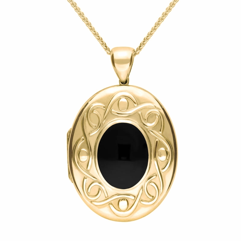 18ct Yellow Gold Whitby Jet Large Celtic Oval Locket