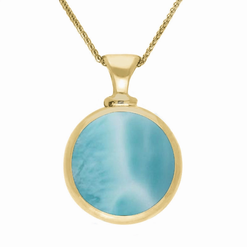 18ct Yellow Gold Whitby Jet Larimar Double Sided Round Dinky Fob Necklace