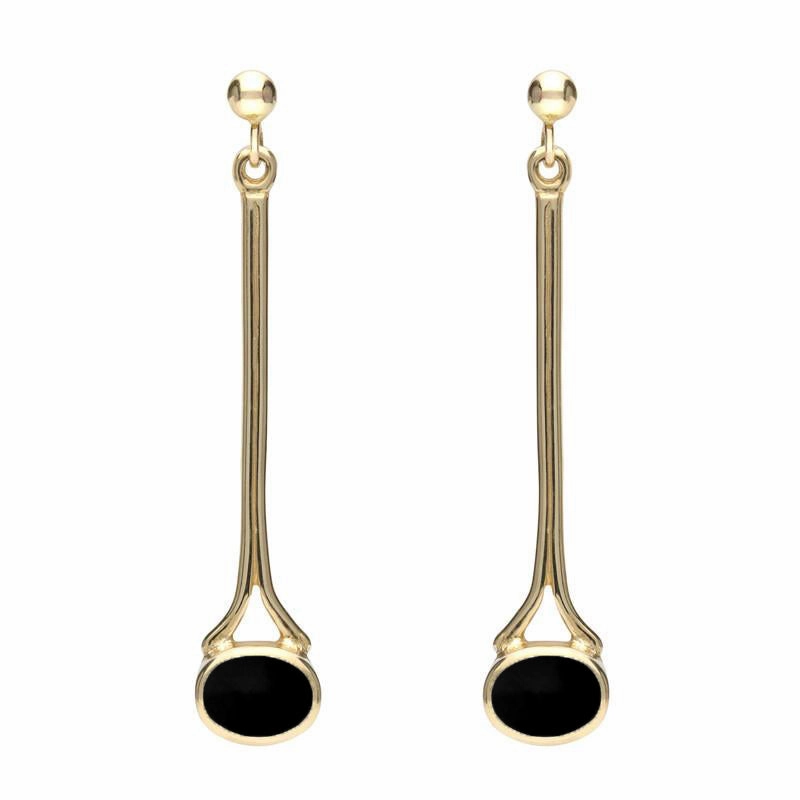 18ct Yellow Gold Whitby Jet Long Drop Earrings