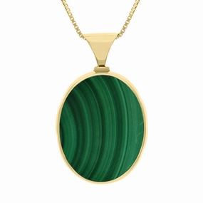 18ct Yellow Gold Whitby Jet Malachite King's Coronation Hallmark Double Sided Oval Necklace D
