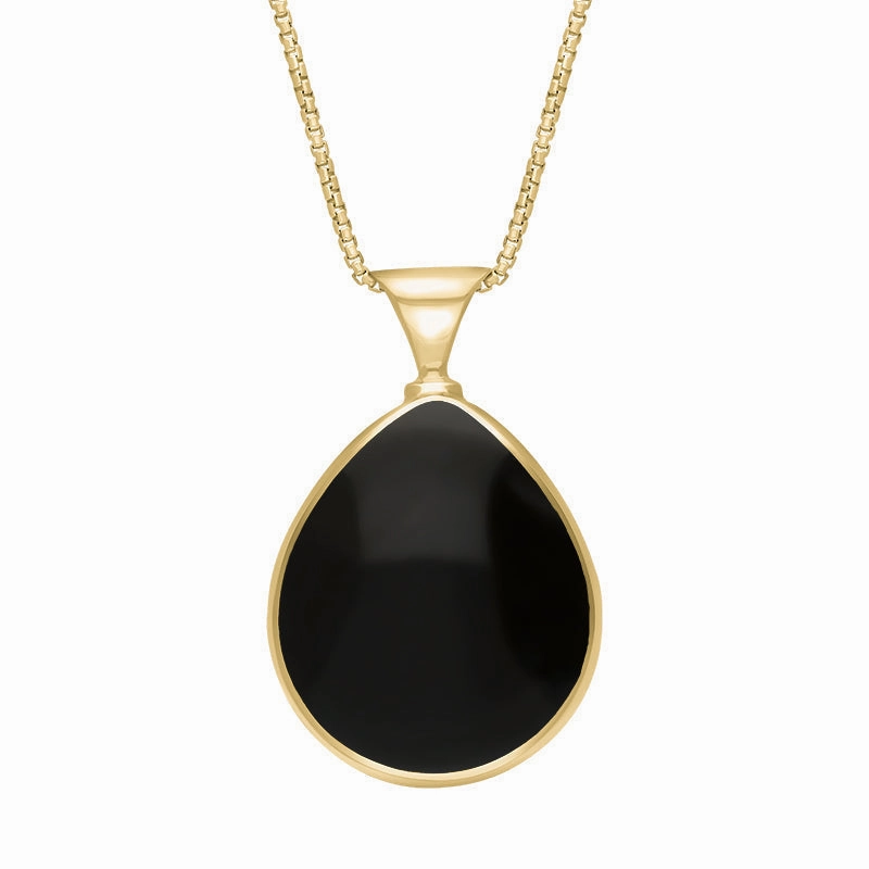 18ct Yellow Gold Whitby Jet Malachite King's Coronation Hallmark Double Sided Pear-shaped Necklace D