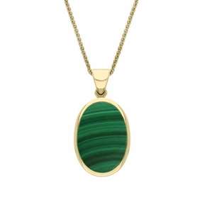 18ct Yellow Gold Whitby Jet Malachite Small Double Sided Fob Necklace
