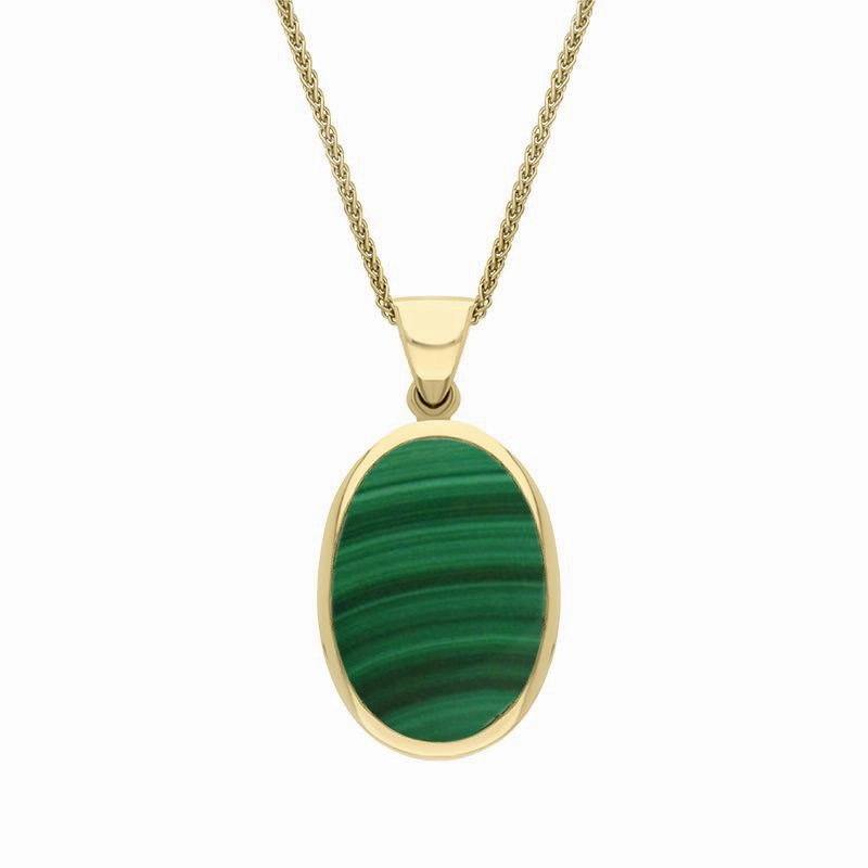 18ct Yellow Gold Whitby Jet Malachite Small Double Sided Fob Necklace