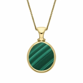 18ct Yellow Gold Whitby Jet Malachite Small Double Sided Pear Fob Necklace