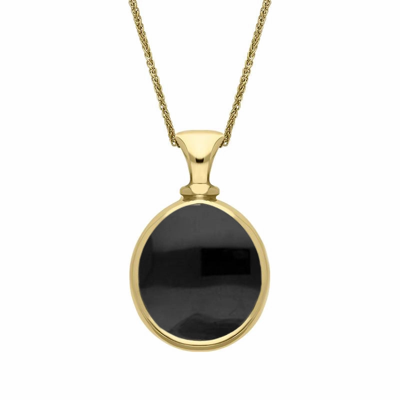 18ct Yellow Gold Whitby Jet Malachite Small Double Sided Pear Fob Necklace