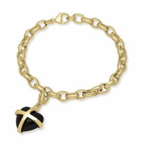 18ct Yellow Gold Whitby Jet Medium Cross Heart Charm Bracelet