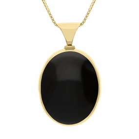 18ct Yellow Gold Whitby Jet Mother of Pearl King's Coronation Hallmark Double Sided Oval Necklace D