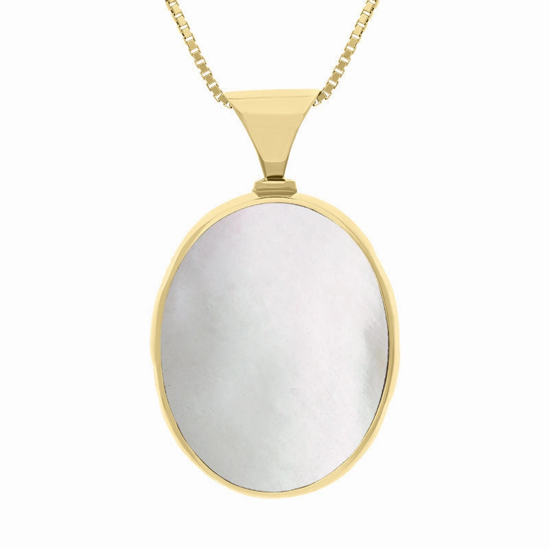 18ct Yellow Gold Whitby Jet Mother of Pearl King's Coronation Hallmark Double Sided Oval Necklace D