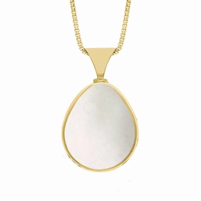 18ct Yellow Gold Whitby Jet Mother of Pearl King's Coronation Hallmark Double Sided Pear-shaped Necklace D