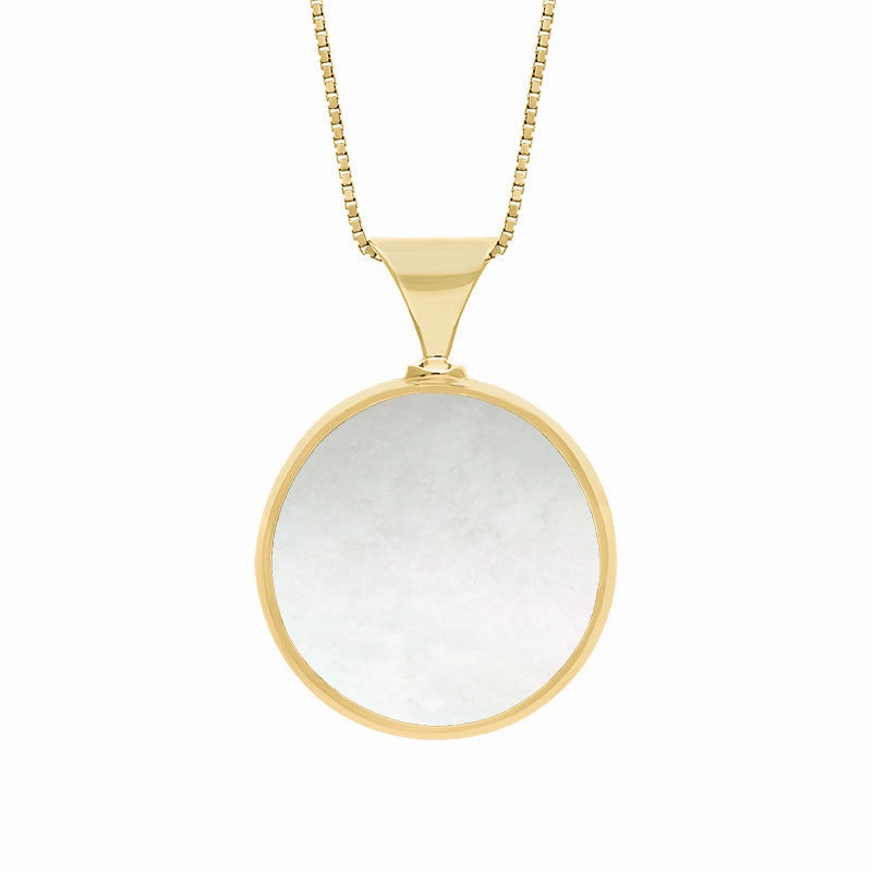 18ct Yellow Gold Whitby Jet Mother of Pearl King's Coronation Hallmark Double Sided Round Necklace D