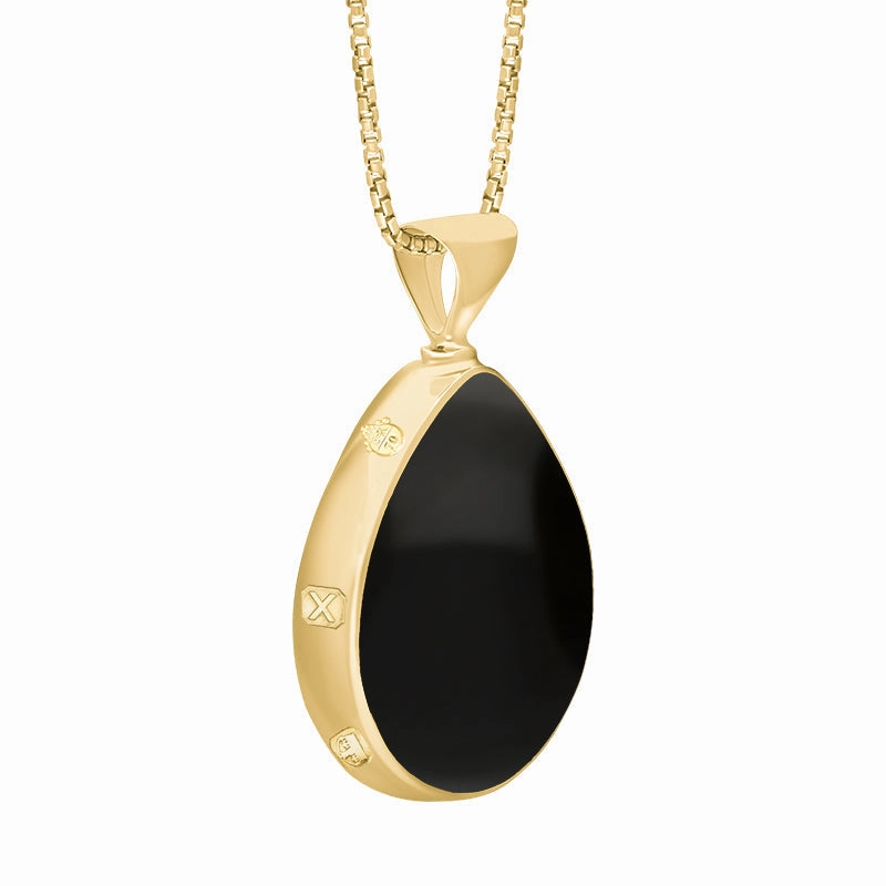 18ct Yellow Gold Whitby Jet Mother of Pearl Queens Jubilee Hallmark Double Sided Pear-shaped Necklace D