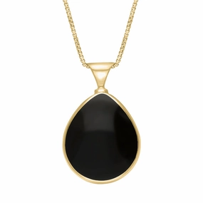 18ct Yellow Gold Whitby Jet Mother of Pearl Queens Jubilee Hallmark Double Sided Pear-shaped Necklace D