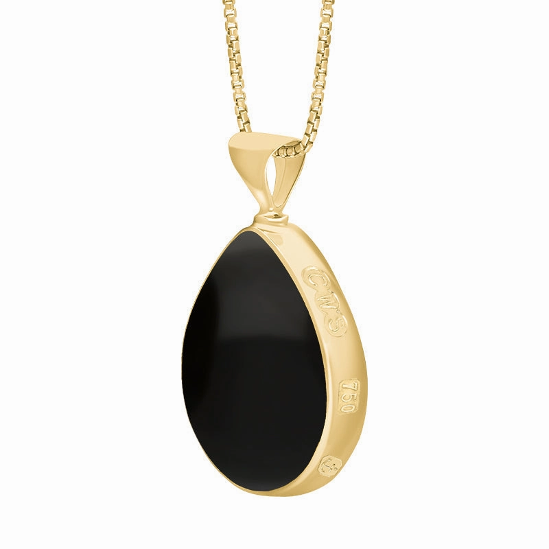 18ct Yellow Gold Whitby Jet Mother of Pearl Queens Jubilee Hallmark Double Sided Pear-shaped Necklace D