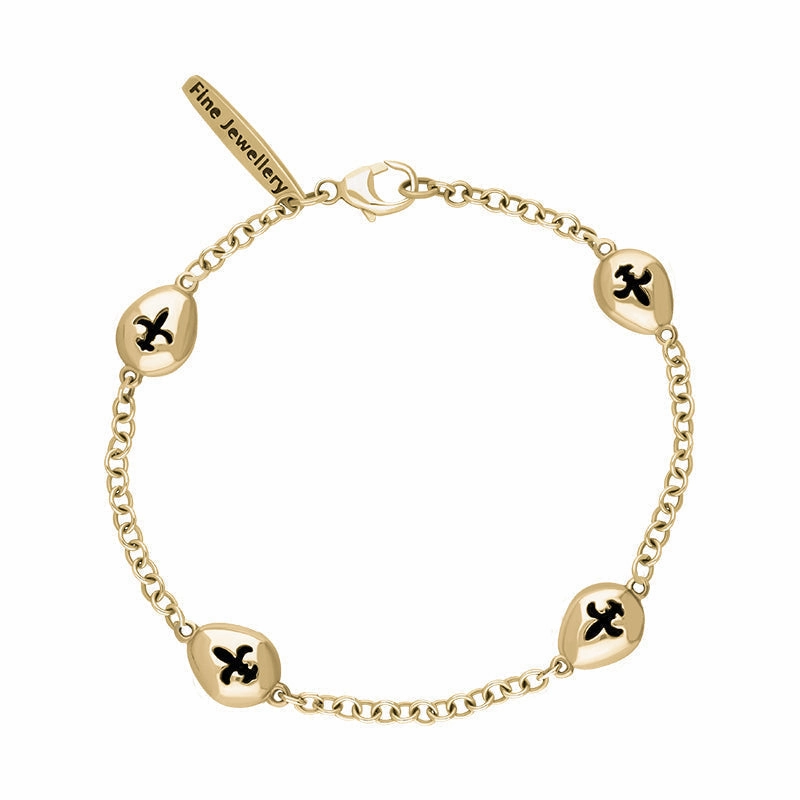 18ct Yellow Gold Whitby Jet Oval Fleur De Lis Detail Four Stone Bracelet