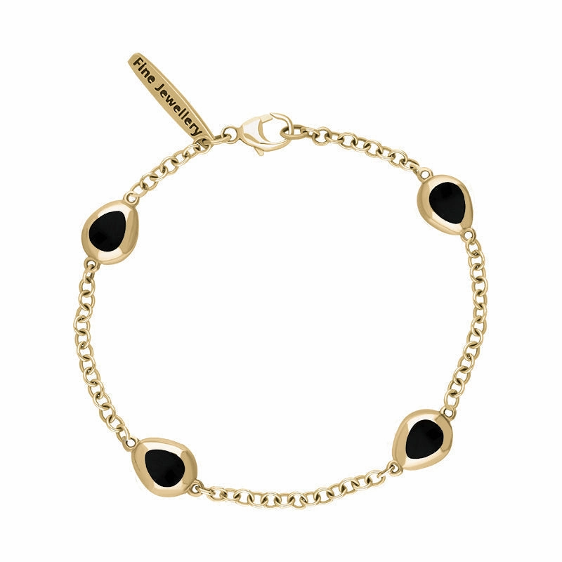 18ct Yellow Gold Whitby Jet Oval Fleur De Lis Detail Four Stone Bracelet