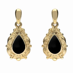 18ct Yellow Gold Whitby Jet Pear Shaped Leaf Drop Earrings