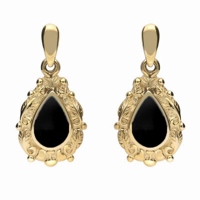 18ct Yellow Gold Whitby Jet Pear Shaped Leaf Drop Earrings
