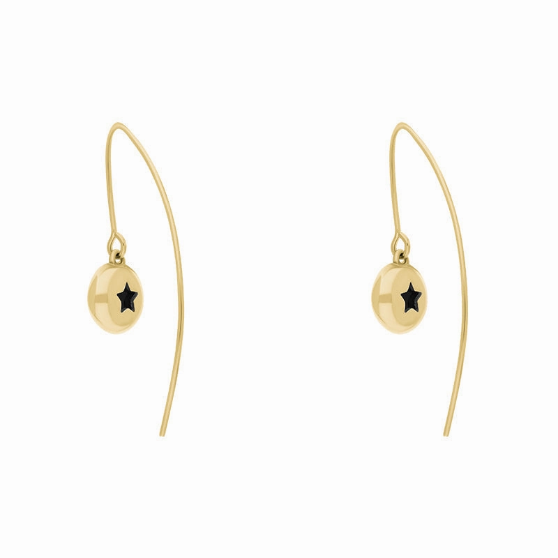 18ct Yellow Gold Whitby Jet Star Disc Drop Earrings