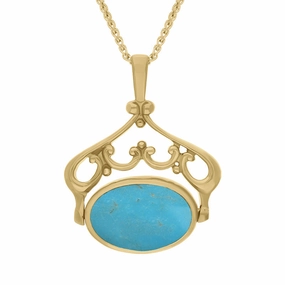 18ct Yellow Gold Whitby Jet Turquoise Double Sided Oval Swivel Fob Necklace