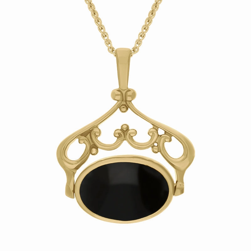18ct Yellow Gold Whitby Jet Turquoise Double Sided Oval Swivel Fob Necklace