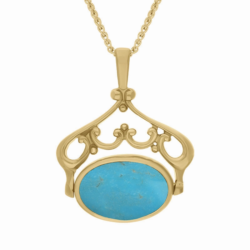 18ct Yellow Gold Whitby Jet Turquoise Double Sided Oval Swivel Fob Necklace