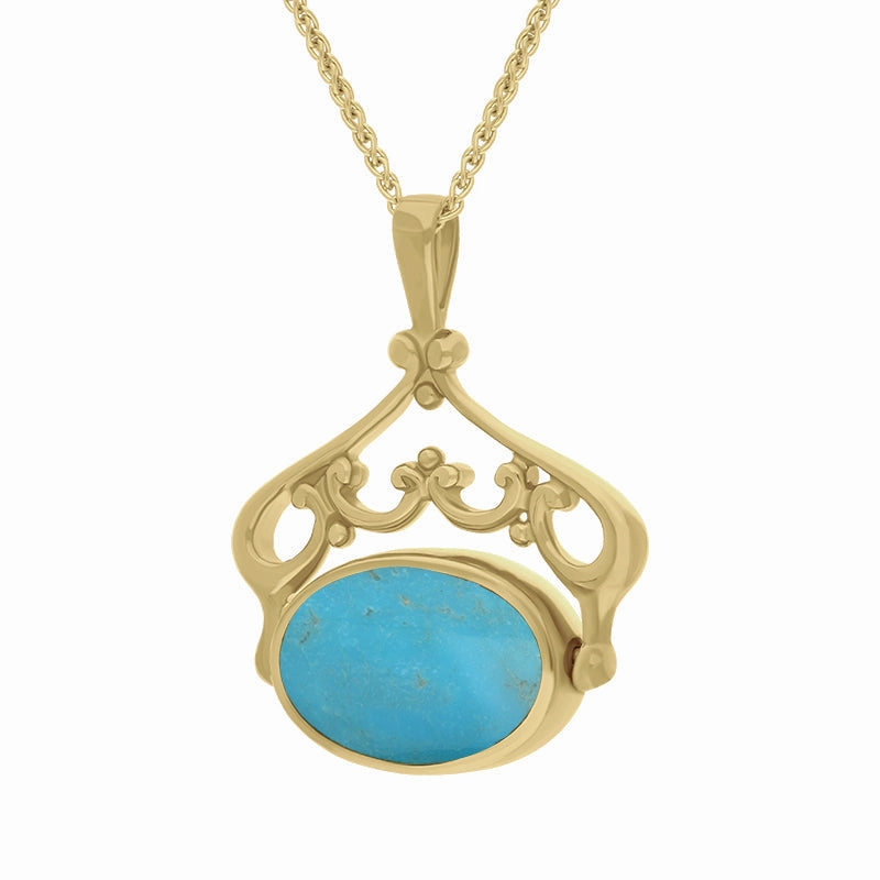 18ct Yellow Gold Whitby Jet Turquoise Double Sided Oval Swivel Fob Necklace