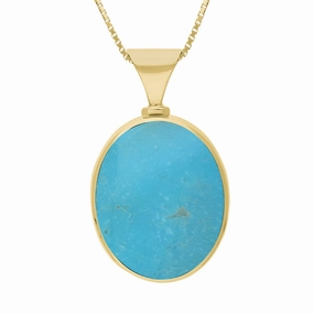 18ct Yellow Gold Whitby Jet Turquoise Hallmark Double Sided Oval Necklace
