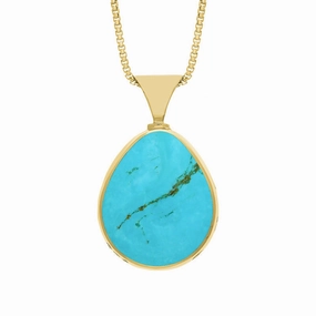 18ct Yellow Gold Whitby Jet Turquoise Hallmark Double Sided Pear-shaped Necklace