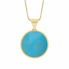 18ct Yellow Gold Whitby Jet Turquoise King's Coronation Hallmark Double Sided Round Necklace D