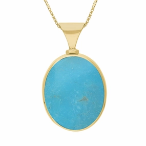18ct Yellow Gold Whitby Jet Turquoise Queens Jubilee Hallmark Double Sided Oval Necklace D