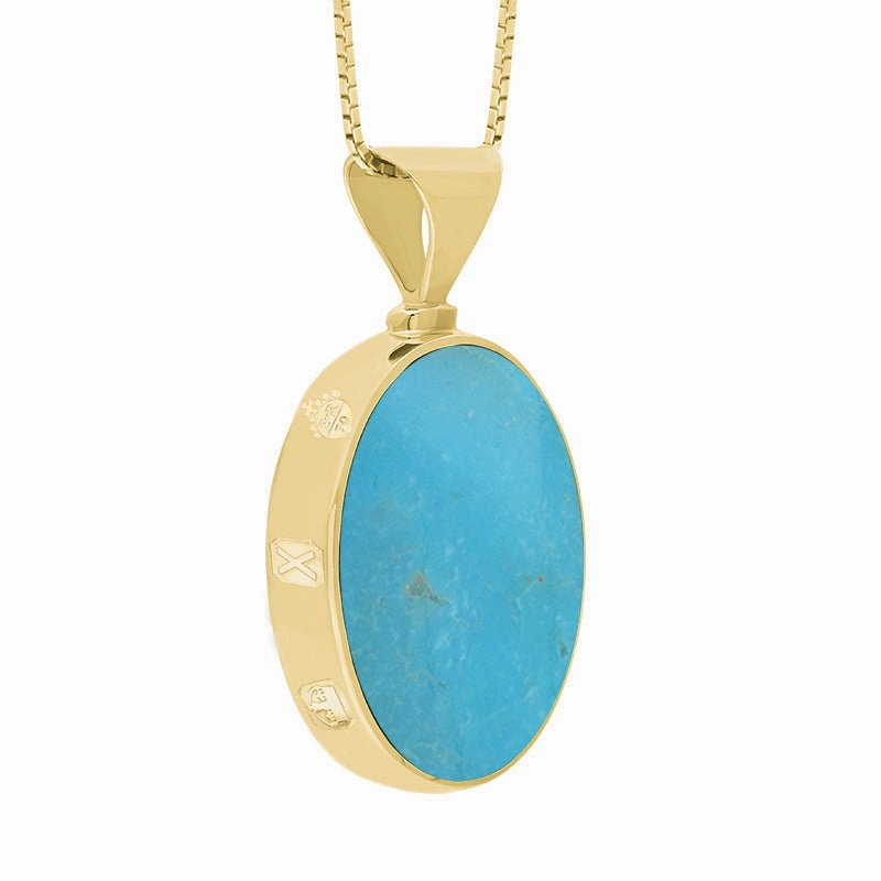 18ct Yellow Gold Whitby Jet Turquoise Queens Jubilee Hallmark Double Sided Oval Necklace D