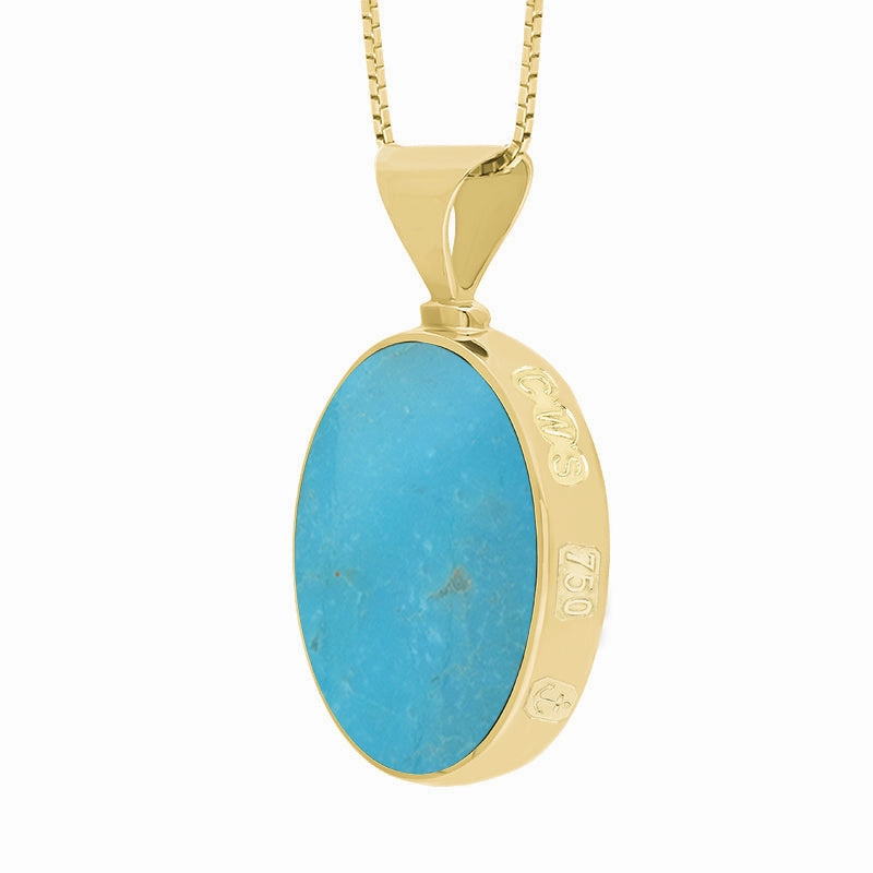 18ct Yellow Gold Whitby Jet Turquoise Queens Jubilee Hallmark Double Sided Oval Necklace D