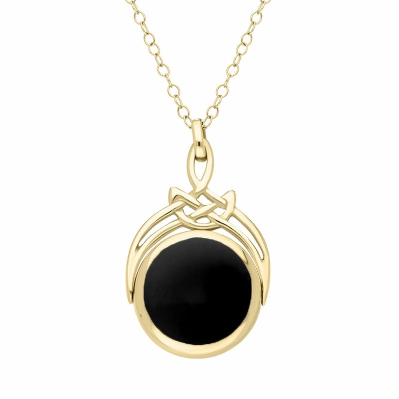 18ct Yellow Gold Whitby Jet Turquoise Round Swivel Fob Necklace