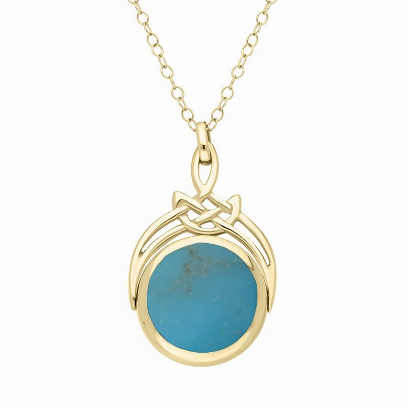 18ct Yellow Gold Whitby Jet Turquoise Round Swivel Fob Necklace
