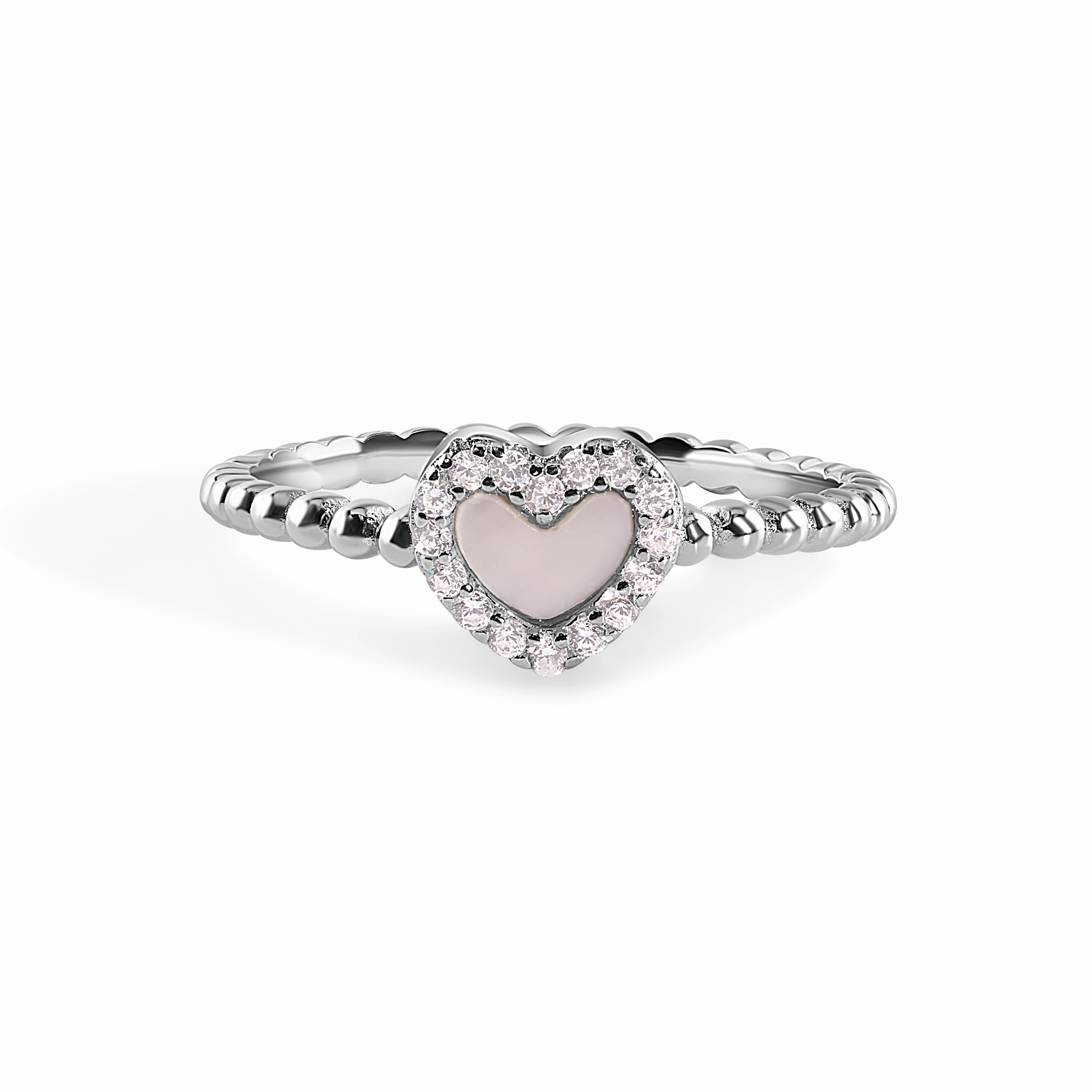 925 Sterling Silver Nickel Free Rhodium Plated Syntethic Opal Heart Clear CZ Ring - STR01172