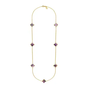 9ct Yellow Gold Blue John Bloom Four Leaf Clover Long Necklace
