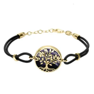 9ct Yellow Gold Blue John Cord Round Large Leaves Tree Of Life Bracelet