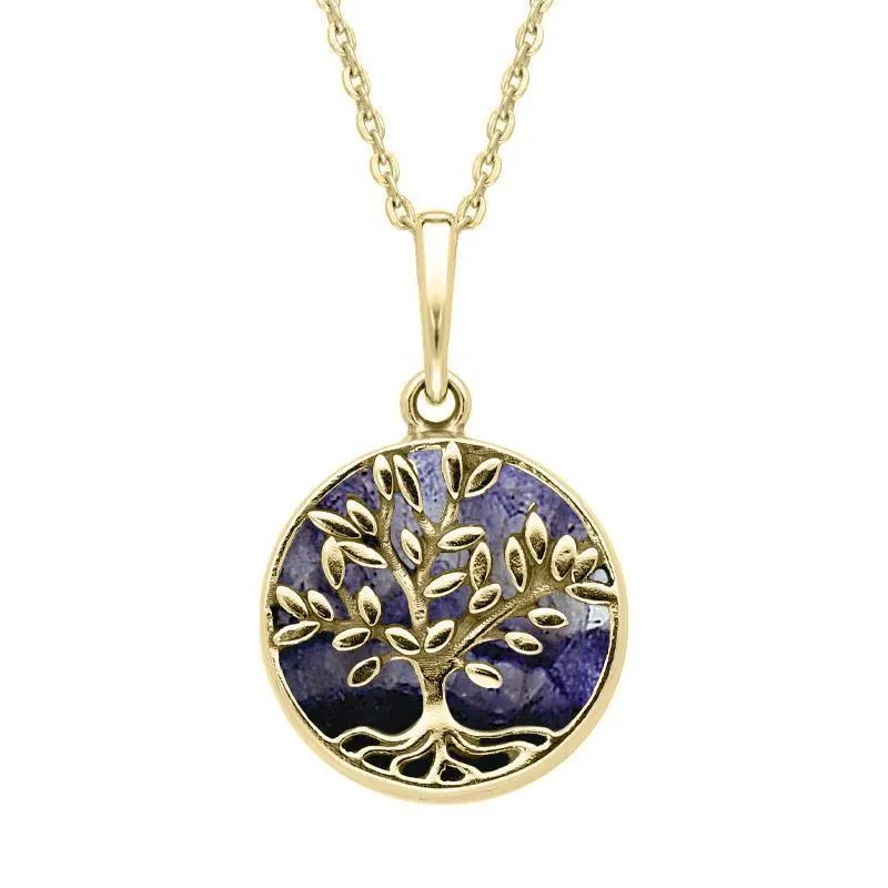 9ct Yellow Gold Blue John Small Round Large Leaves Tree of Life Necklace
