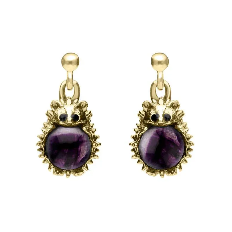 9ct Yellow Gold Blue John Tiny Hedgehog Drop Earrings