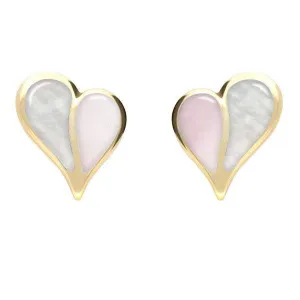 9ct Yellow Gold Pink Mother of Pearl White Mother of Pearl Split Heart Stud Earrings