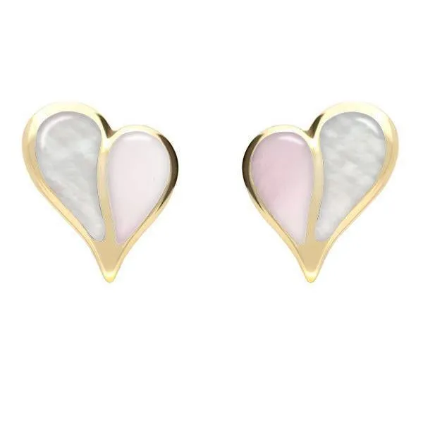9ct Yellow Gold Pink Mother of Pearl White Mother of Pearl Split Heart Stud Earrings