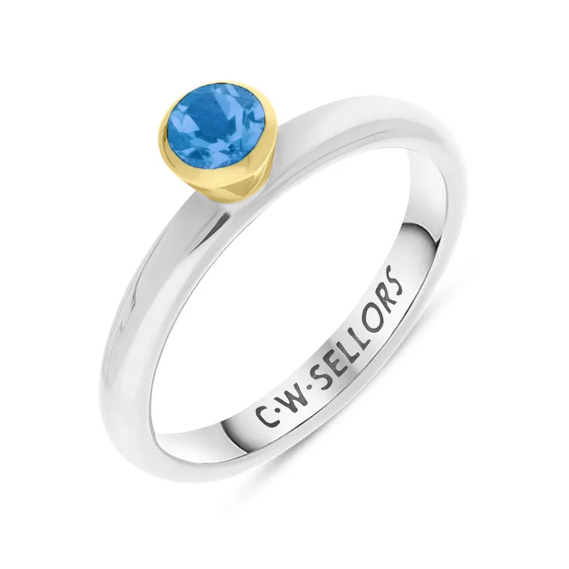 9ct Yellow Gold Sterling Silver Blue Topaz Stepping Stones 5mm Round Bezel Set Ring