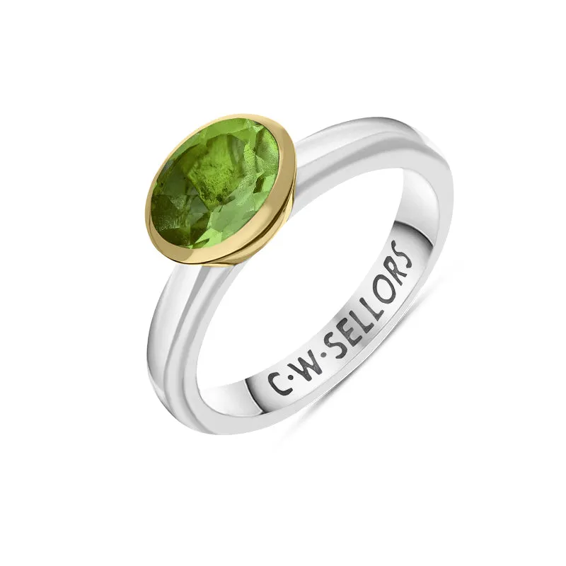9ct Yellow Gold Sterling Silver Peridot Stepping Stones 6x8mm Oval Bezel Set Ring