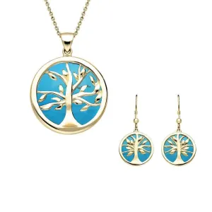 9ct Yellow Gold Turquoise Medium Round Tree of Life Two Piece Set